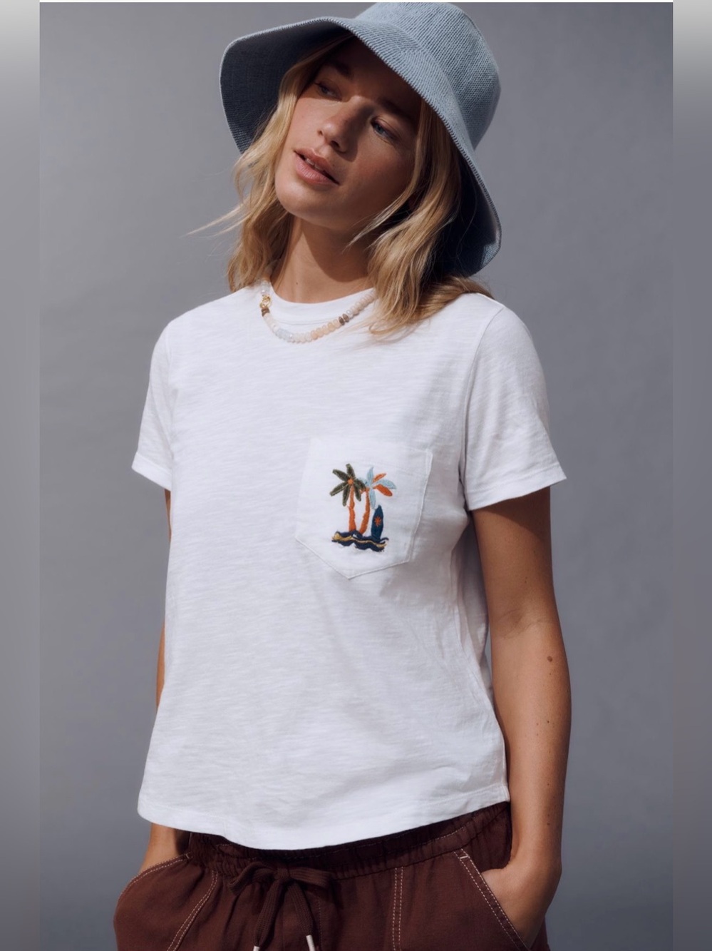 Pilcro Bennie Cotton Slim Pocket Crew Neck Tee Embroidered